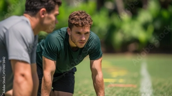 Fototapeta Two athletes prepare for a race on a sunny day, focused and determined, with a vibrant green background enhancing the intensity of their training.