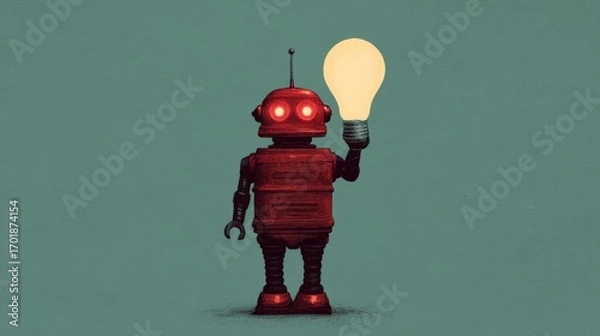 Fototapeta A whimsical robot holds a glowing light bulb, symbolizing creativity and innovation against a muted background.