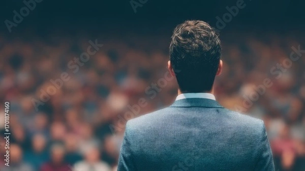 Fototapeta A man stands on stage, facing a large audience, exuding confidence and anticipation in a professional setting.