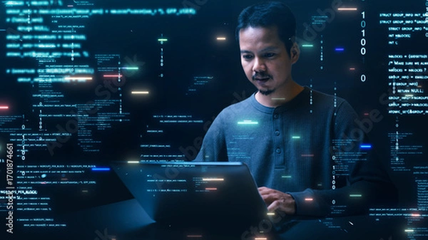Obraz An Asian software developer works intently on a laptop, surrounded by glowing digital code, binary numbers, and futuristic programming visuals, symbolizing technology and cybersecurity.