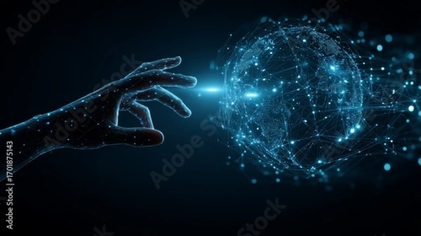 Fototapeta A digital hand reaches towards a glowing, interconnected sphere, symbolizing technology and connectivity in a futuristic setting.