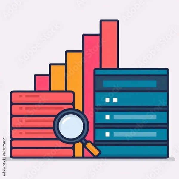 Fototapeta A colorful graphic depicting data analysis with bars, stacks, and a magnifying glass, representing growth and research in a modern style.