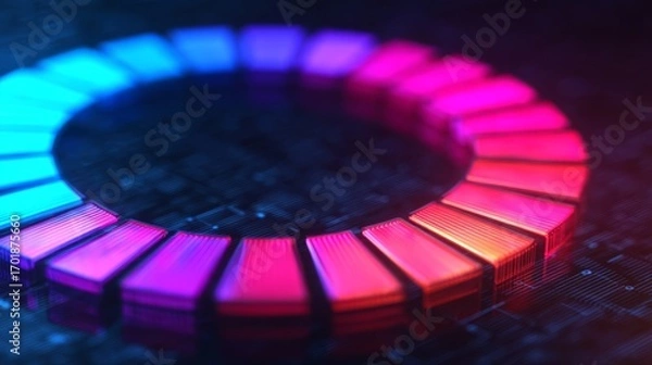 Fototapeta A vibrant circular graphic with alternating blue and pink sections, set against a dark, high-tech background, suggesting innovation and modern technology.