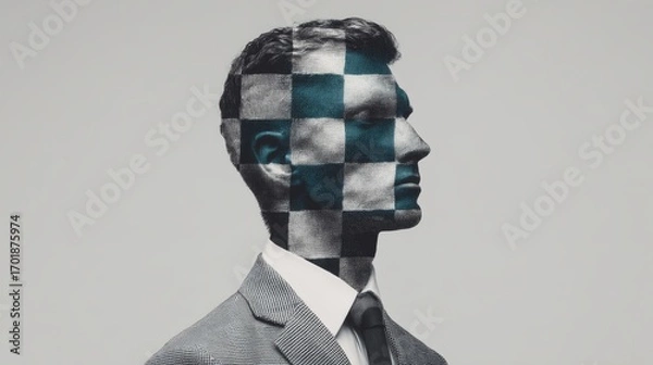 Fototapeta A stylized image of a man with a checkered pattern overlay, symbolizing complexity and depth in identity and perception.
