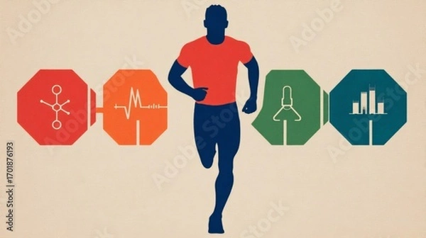 Fototapeta A silhouette of a runner with health and fitness icons, symbolizing wellness, exercise, and progress in various aspects of life.