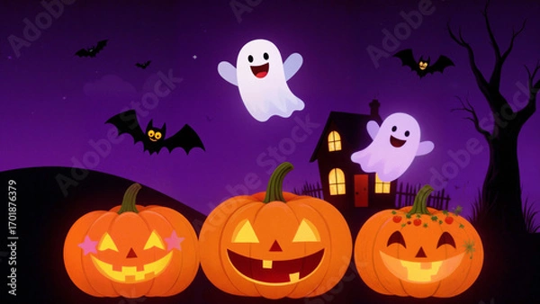 Fototapeta 귀여운 유령과 호박, 박쥐가 함께 등장하는 보라빛 할로윈 밤의 일러스트