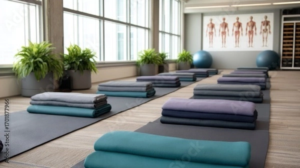 Fototapeta A serene yoga studio with neatly arranged mats and rolls, featuring large windows and greenery, designed for relaxation and wellness.
