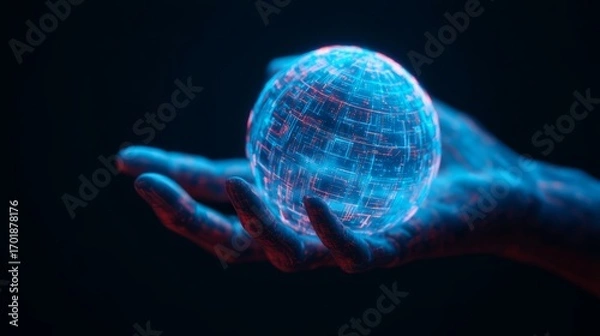 Fototapeta A futuristic hand holds a glowing digital sphere, symbolizing technology and innovation in a dark, atmospheric setting.
