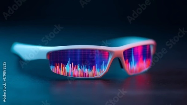 Fototapeta Stylish glasses with vibrant, colorful lenses displaying soundwave patterns, set against a dark background, suggesting a blend of technology and fashion.