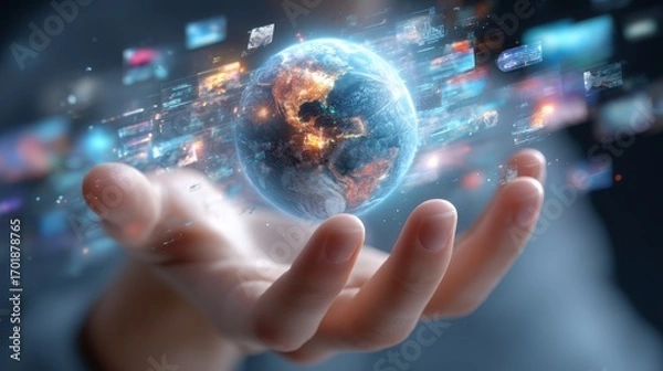 Fototapeta A hand holds a glowing globe surrounded by floating digital images, symbolizing technology's impact on the world and interconnectedness.