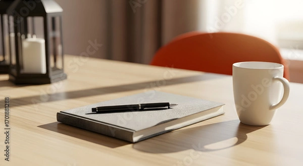 Fototapeta Notebook, Pen, Coffee Mug on Wooden Table with Warm Sunlight for Productivity & Reflection