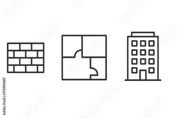 Fototapeta Building and construction line icon set. Real estate and architecture symbols. Brick wall, floor plan, and office building outline signs for web and graphic design. Vector.
