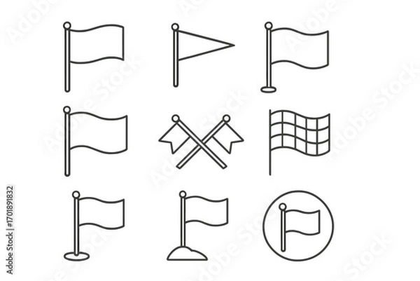 Fototapeta Flag icon set. Thin line art collection of banners, pennants, and checkered flags. Vector symbols for location marker, goal, start, finish, or navigation signs.