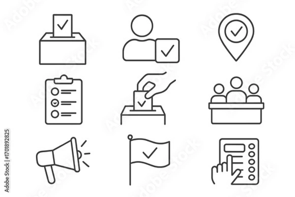 Fototapeta Election and voting thin line icon set. Politics, democracy, vote concept. Ballot box, poll, checklist, candidate pictogram collection for web, app, infographics. Vector.