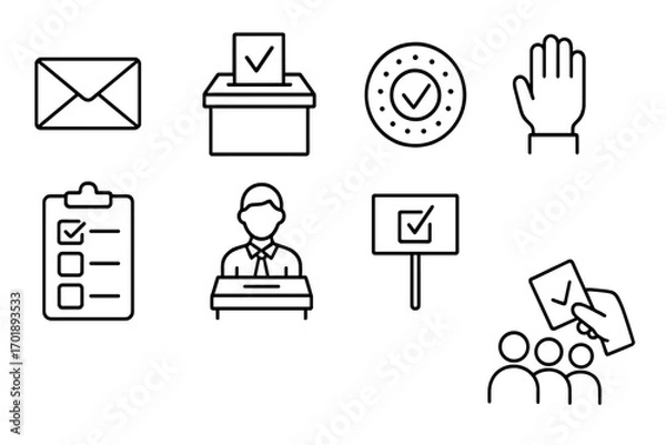 Fototapeta Election and voting line icon set. Vote, ballot box, politics, and democracy symbols. Politician, polling, campaign, and mail-in ballot vector outline illustration.