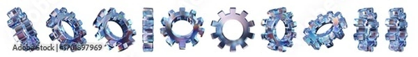 Fototapeta Set of 3d transparent glossy gear with dispersion effect. Rainbow colors reflection glass. 3d glass cog with crystal dispersion effect. Abstract empty glassy cogwheel with prism holographic