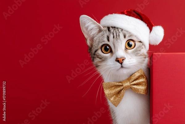 Fototapeta A Christmas cat with a Santa hat and gold bow tie on a red background. The cat peeks out from behind a red box, creating a festive and charming scene