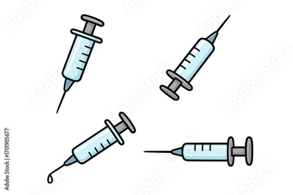 Fototapeta Vector cartoon syringe set with transparent background, medical injection symbols for healthcare, vaccination, immunization, medicine, and clinic concept illustration