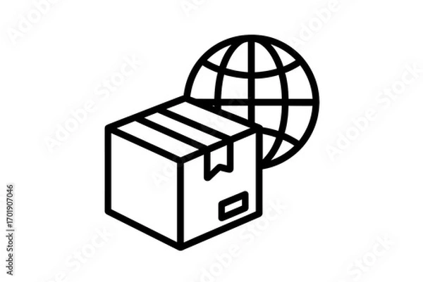 Fototapeta Global delivery icon. International shipping and worldwide logistics concept. Earth globe with parcel box. World trade, transport, and freight symbol for web and apps.