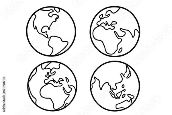 Fototapeta Set of four planet Earth globes line art icons. Simple world map outline symbol showing continents America, Europe, Africa, Asia. Global vector illustration for web design.