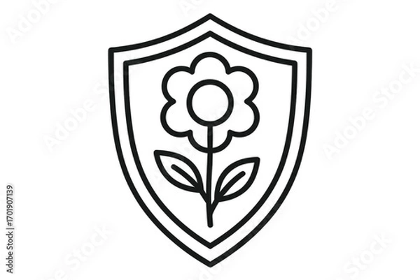Fototapeta Nature protection icon. Flower inside shield emblem. Concept of environmental safety, security, and eco-friendly growth. Vector outline logo for web, apps, and design.