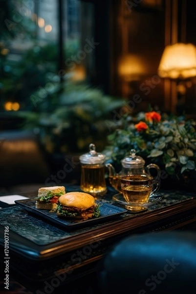 Fototapeta A gourmet meal featuring a juicy burger and a colorful sandwich on a decorative plate, accompanied by a cup of tea, set in a cozy, lush environment, Ideal for food blogs, menus, or cafÃ© promotions,