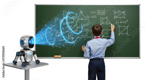 Fototapeta Futuristic Learning: Boy, Robot, and Holographic Math Equations on Chalkboard