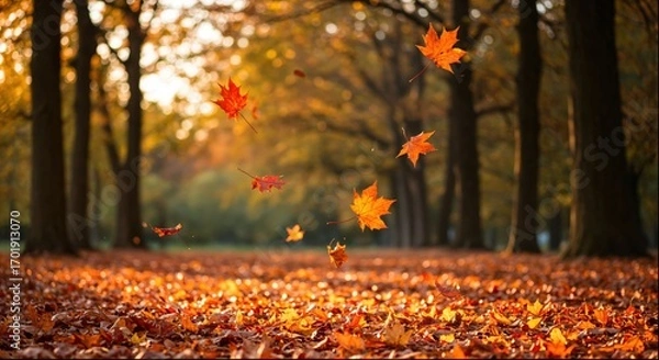 Obraz Autumn leaves falling in a sunlit forest.