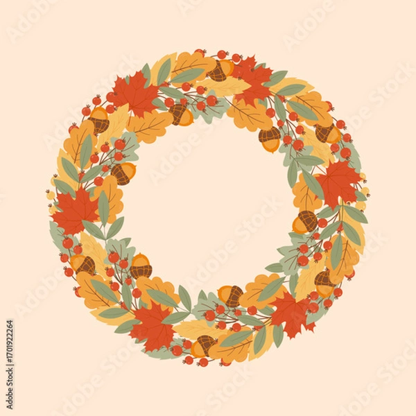 Fototapeta Beautiful wreath of autumn leaves, fruits, berries. Autumn fall leaves of maple, oak, rowan in round frame. Border wreath of leaves for postcards, invitations, covers, advertising. Hello fall. Vector