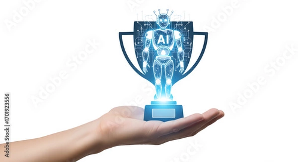 Fototapeta AI Achievement: Robotic Figure in Trophy Held by Human Hand