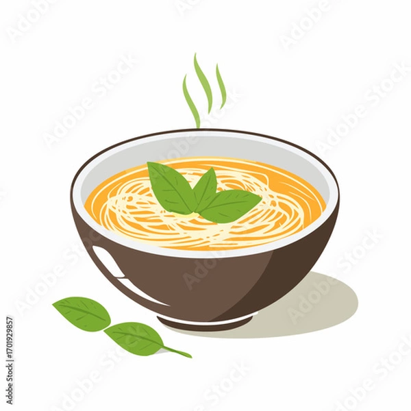 Fototapeta A Warm Bowl of Spaghetti Soup with Fresh Basil Leaves and Steam