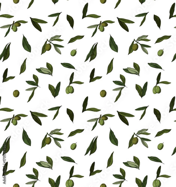 Obraz Olive Tree Branches seamless pattern. Vector graphic line ink colored illustration. symbol of Peace resistance resilience strength Design for package, cosmetic, textile, cards.