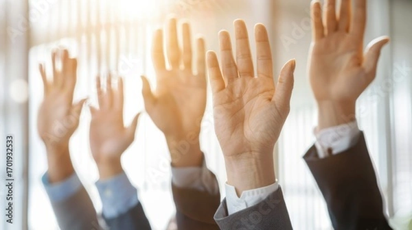 Fototapeta Hands raised in a business meeting, symbolizing participation, voting, or asking questions in a bright setting