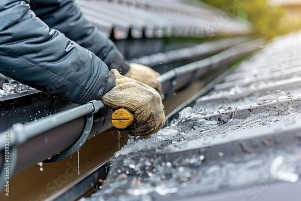 Fototapeta Gloved hands clearing ice from a roof gutter in winter. Cold weather home maintenance, repair, and installation work on frozen house drainage system.