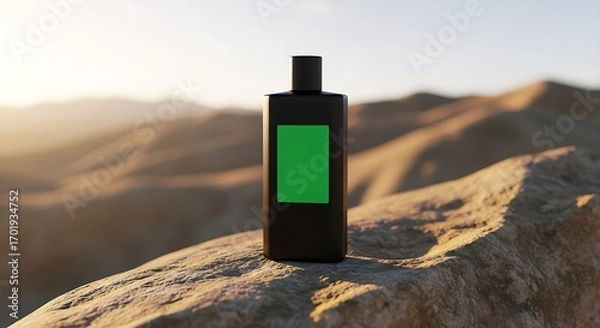 Obraz Black Perfume Bottle with Green Label on a Rocky Outcrop