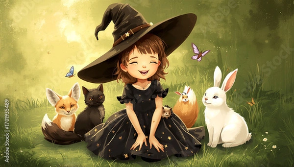 Fototapeta This little witch, her animal friends, and the enchantment of a sunny day make for a truly magical adventure.
