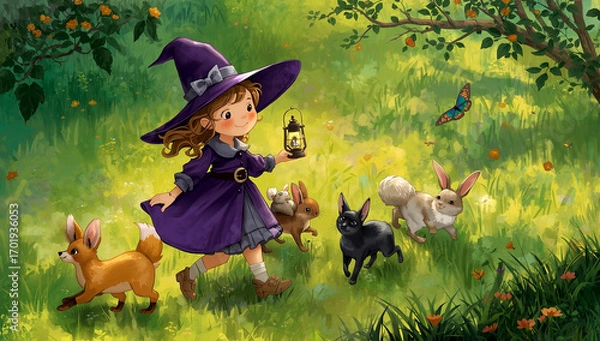 Fototapeta This little witch, her animal friends, and the enchantment of a sunny day make for a truly magical adventure.