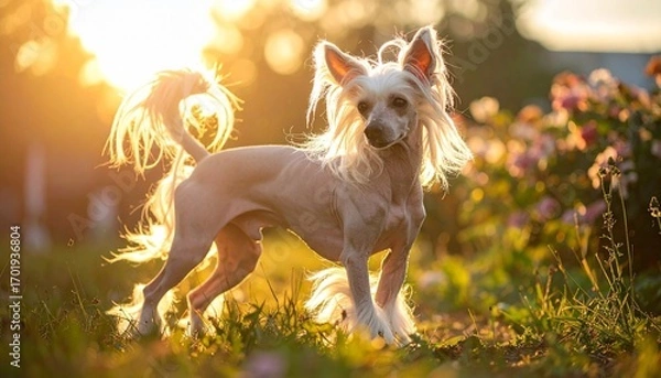 Fototapeta Here’s an original and detailed prompt for generating an image of a **Chinese Crested dog** in sunlight:

---

**Prompt:**
*A Chinese Crested dog standing gracefully in a sunlit garden during golden h