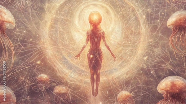 Fototapeta Mystical being surrounded by glowing jellyfish in ethereal underwater realm with soft light