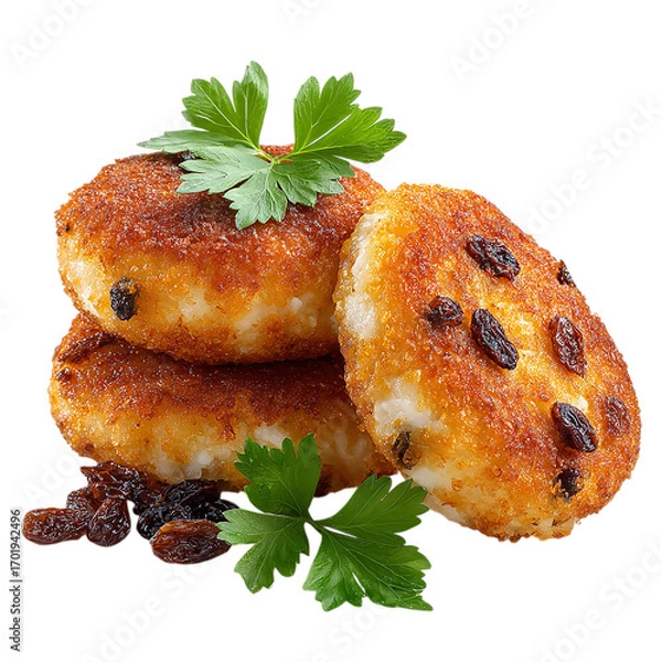 Fototapeta Cheese patties with raisin on transpart background