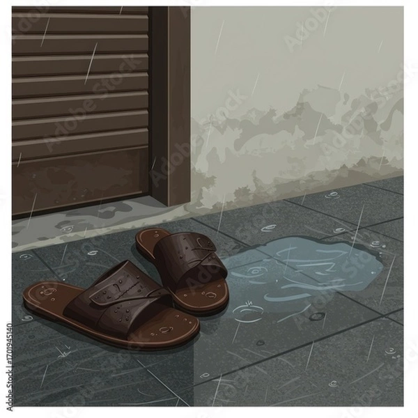 Fototapeta A quiet scene of wet sandals left by the door on a tiled floor after a rainy day, with a puddle reflecting the somber mood