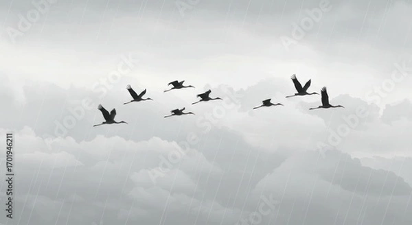 Fototapeta A cohesive flock of birds navigating through the ethereal grey clouds, a beautiful display of avian migration and teamwork
