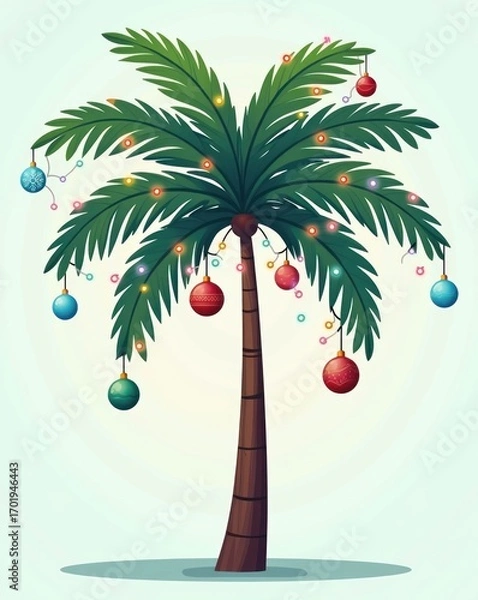 Fototapeta A tropical Christmas tree adorned with festive lights and ornaments, celebrating the holidays in a warm, sunny climate with a touch of exotic flair