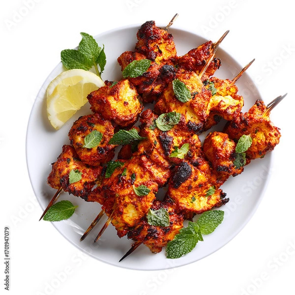 Fototapeta Chicken tikka on a white plate on transpart background