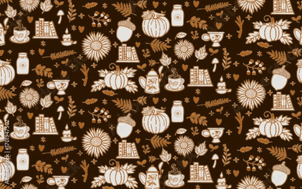 Fototapeta Autumn doodle set pumpkin leaves coffee fall element seamless pattern background