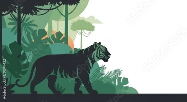 Fototapeta A stylized vector illustration of a powerful tiger walking through a lush, green tropical jungle. Flat design of wild animal in its natural habitat with copy space for text