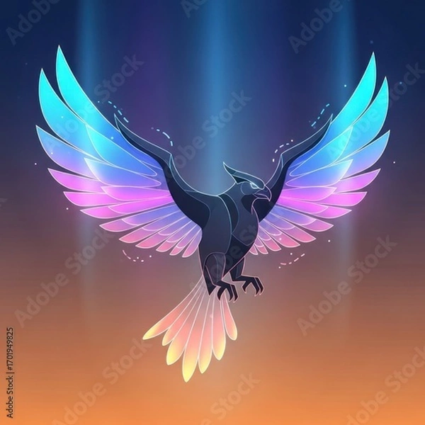 Fototapeta Majestic mythical bird with vibrant glowing rainbow wings flying through divine light beams, a fantasy vector illustration of a magical phoenix