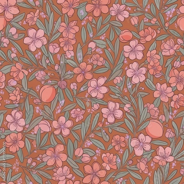Fototapeta Elegant vintage seamless pattern of pink peach blossoms, delicate fruit, and sage green leaves on a warm terracotta background