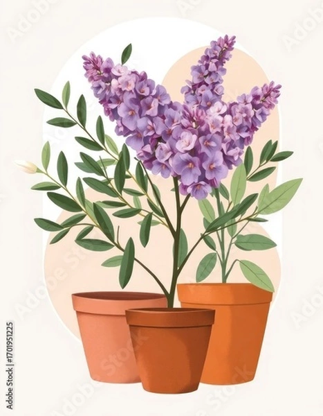 Fototapeta Elegant botanical drawing of vibrant purple flowering plants in clay pots, isolated on a light background