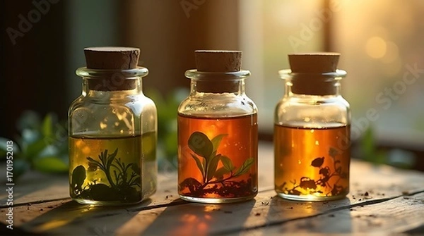 Fototapeta Three glass bottles with corks containing herbs in infused liquid on wooden table